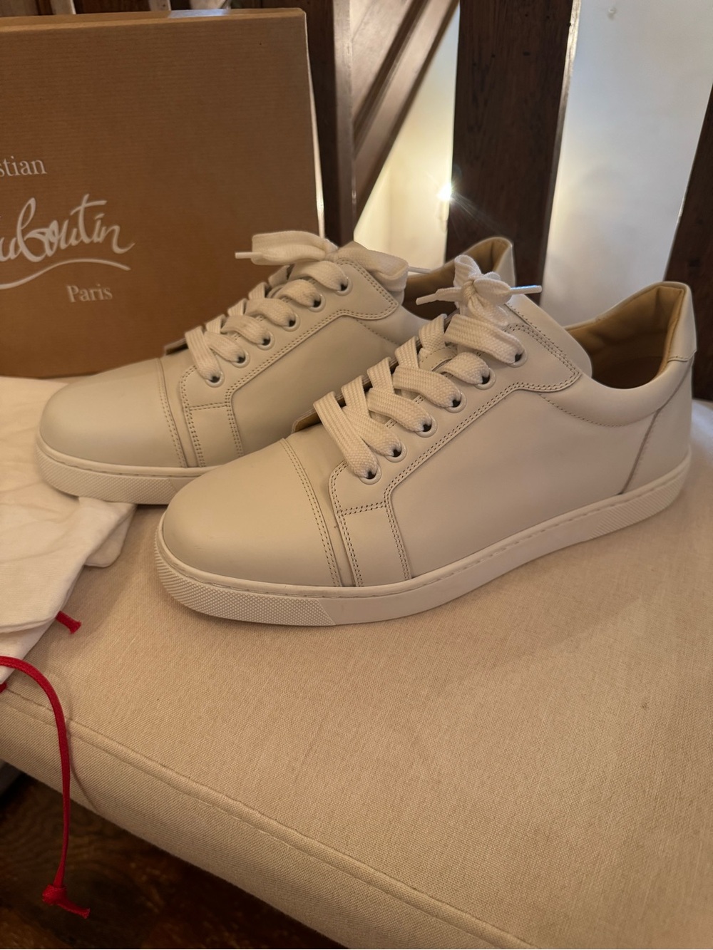Christian Louboutin Cream Leather Low-Top Sneakers